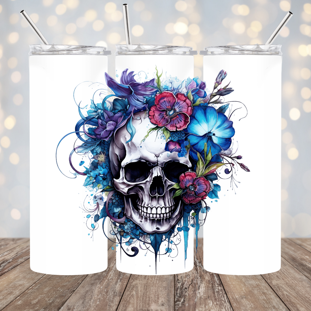 Blue Floral Skull Tumbler