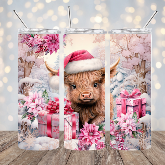 Pink Christmas Highland Cow Tumbler